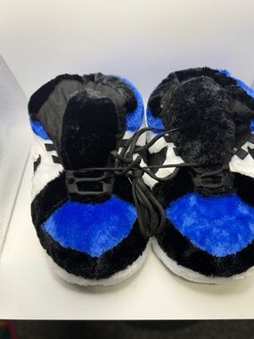 Unisex Tennis Shoe Plush Lace-Up Slippers in Black, White & Blue